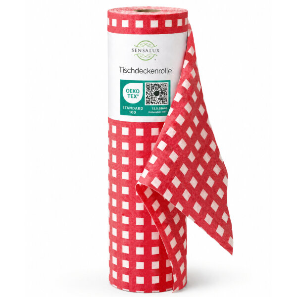 Sensalux Tischdeckenrolle, wasserabweisend, 80g/m², bis zu 45% Recyclat, 1,49m x 25m, Karomuster (Weiß-Rot)