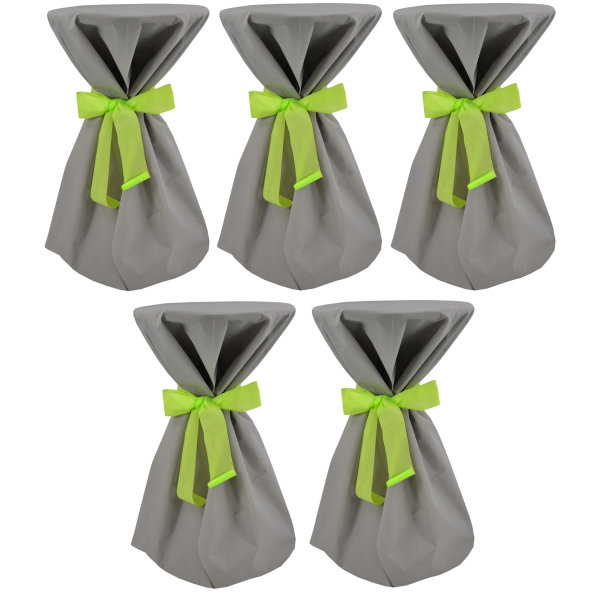 5 Stück Stehtischüberwürfe Sensalux, Überwurf grau Schleifenband apfelgrün