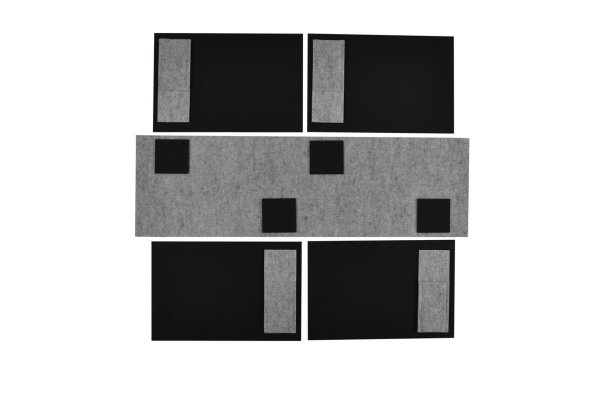 Filz-Kult, Tischläufer 1m x 30cm hellgrau, 4x Bestecktasche hellgrau, 4x Glasuntersetzer schwarz, 4x Tischset schwarz