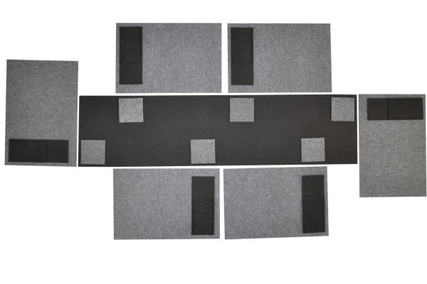 Filz-Kult, Tischläufer 1,2m x 30cm schwarz, 6x Bestecktasche schwarz, 6x Glasuntersetzer grau, 6x Tischset grau