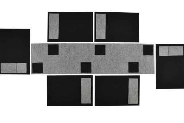 Filz-Kult, Tischläufer 1,2m x 30cm hellgrau, 6x Bestecktasche hellgrau, 6x Glasuntersetzer schwarz, 6x Tischset schwarz