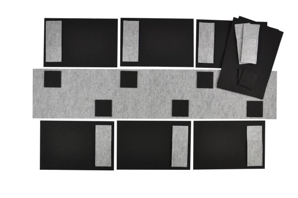 Filz-Kult, Tischläufer 1,5m x 30cm hellgrau, 8x Bestecktasche hellgrau, 8x Glasuntersetzer schwarz, 8x Tischset schwarz