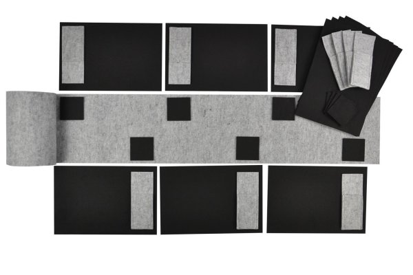 Filz-Kult, Tischläufer 2m x 30cm hellgrau, 10x Bestecktasche hellgrau, 10x Glasuntersetzer schwarz, 10x Tischset schwarz
