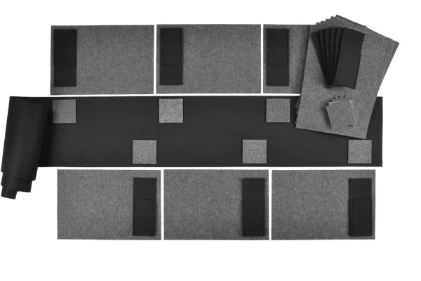 Filz-Kult, Tischläufer 2,5m x 30cm schwarz, 12x Bestecktasche schwarz, 12x Glasuntersetzer grau, 12x Tischset grau