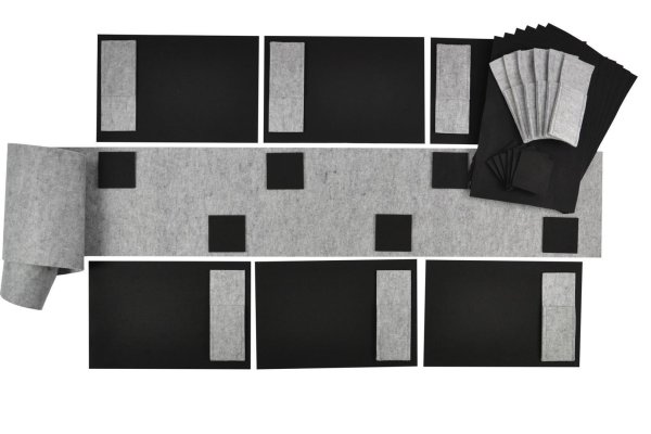 Filz-Kult, Tischläufer 2,5m x 30cm hellgrau, 12x Bestecktasche hellgrau, 12x Glasuntersetzer schwarz, 12x Tischset schwarz