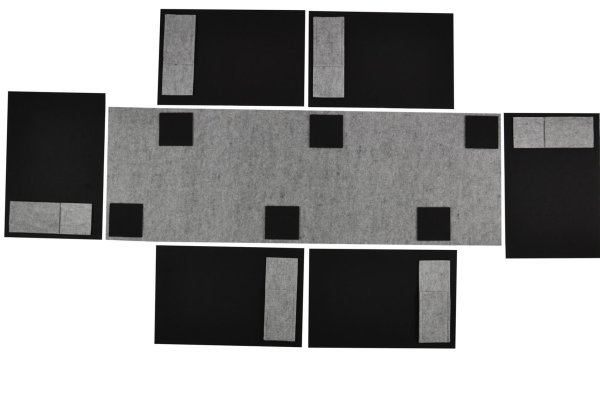 Filz-Kult, Tischläufer 1,2m x 40cm hellgrau, 6x Bestecktasche hellgrau, 6x Glasuntersetzer schwarz, 6x Tischset schwarz