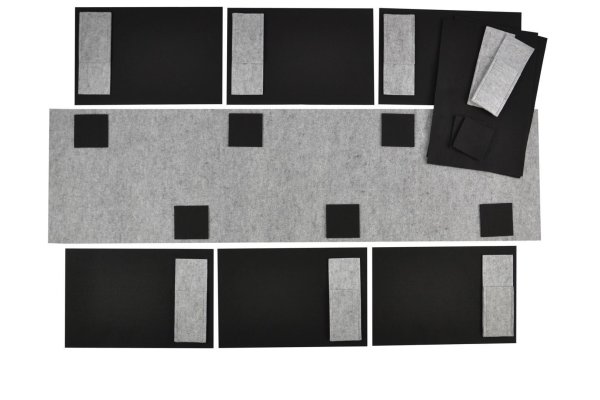 Filz-Kult, Tischläufer 1,5m x 40cm hellgrau, 8x Bestecktasche hellgrau, 8x Glasuntersetzer schwarz, 8x Tischset schwarz