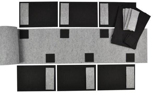 Filz-Kult, Tischläufer 2m x 40cm hellgrau, 10x Bestecktasche hellgrau, 10x Glasuntersetzer schwarz, 10x Tischset schwarz