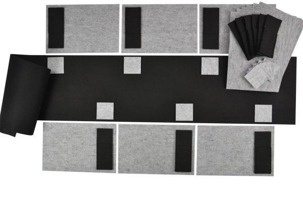 Filz-Kult, Tischläufer 2,5m x 40cm schwarz, 12x Bestecktasche schwarz, 12x Glasuntersetzer hellgrau, 12x Tischset hellgrau