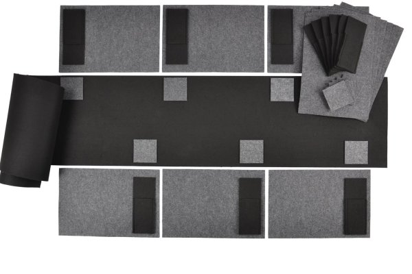 Filz-Kult, Tischläufer 2,5m x 40cm schwarz, 12x Bestecktasche schwarz, 12x Glasuntersetzer grau, 12x Tischset grau