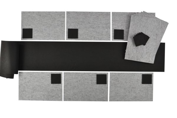Filz-Kult, Tischläufer 2m x 30cm schwarz, 10x Glasuntersetzer schwarz, 10x Tischset hellgrau