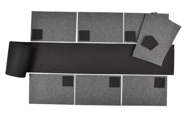 Filz-Kult, Tischläufer 2m x 30cm schwarz, 10x Glasuntersetzer schwarz, 10x Tischset grau