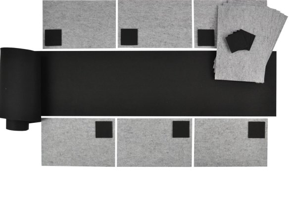 Filz-Kult, Tischläufer 2,5m x 40cm schwarz, 12x Glasuntersetzer schwarz, 12x Tischset hellgrau